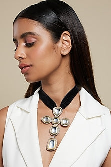 Two Tone Plated Glass Polki Cross Choker Necklace