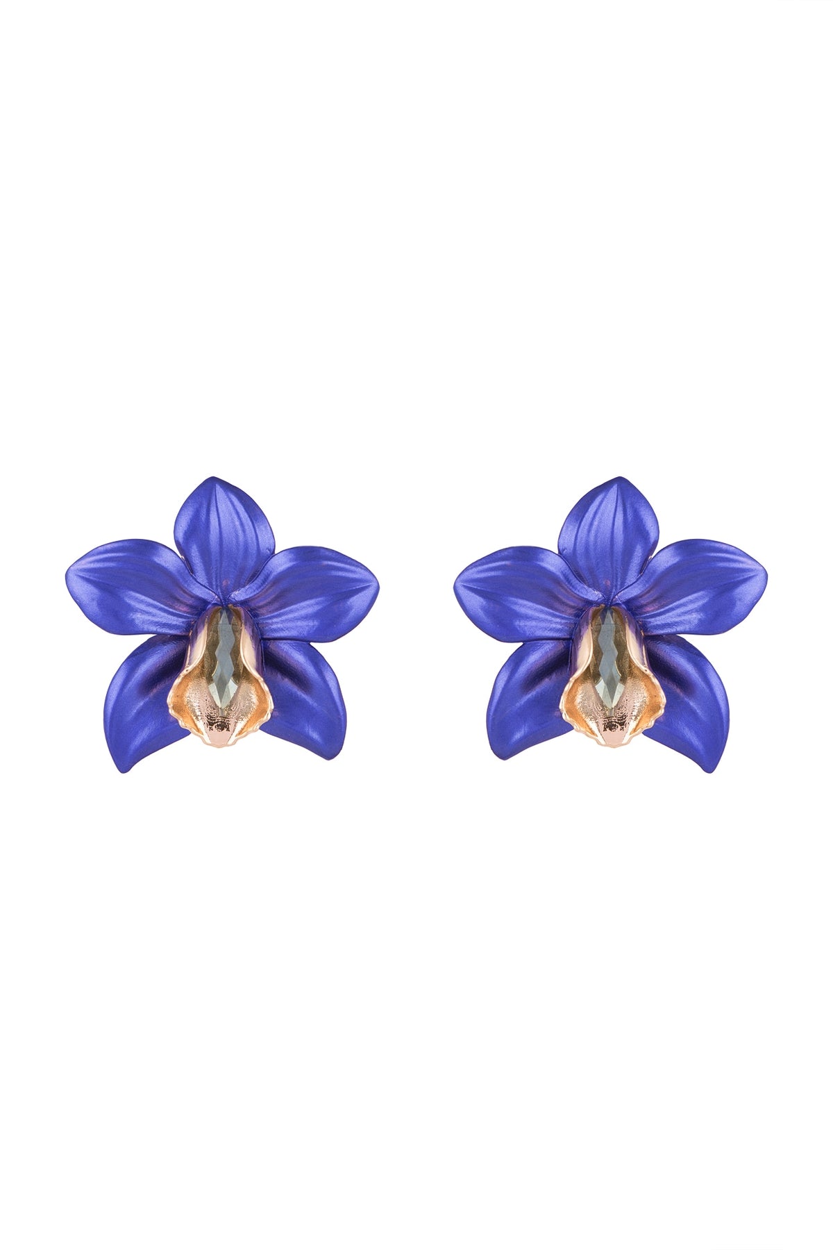 Gold Plated Metallic Blue Orchid Stud Earrings
