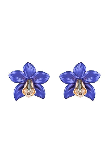 Gold Plated Metallic Blue Orchid Stud Earrings