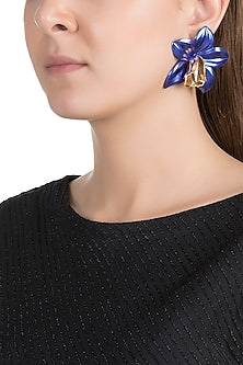 Gold Plated Metallic Blue Orchid Stud Earrings