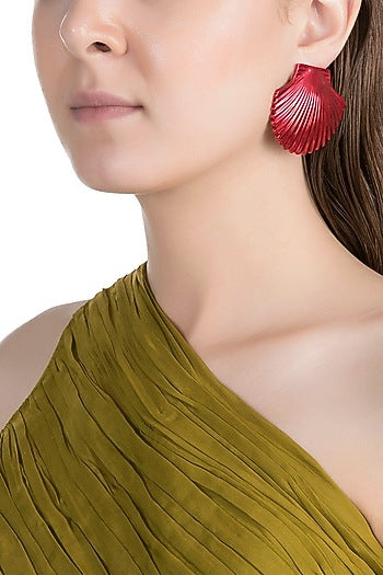 Gold Plated Metallic Red Shell Stud Earrings