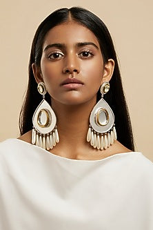 White Rhodium Plated Glass Polki Chandelier Earrings