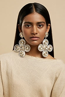 White Rhodium Plated Glass Polki Floral Dangler Earrings