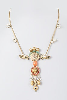 Gold Finish Long Necklace With Multi-Colored Stones In Sterling Silver