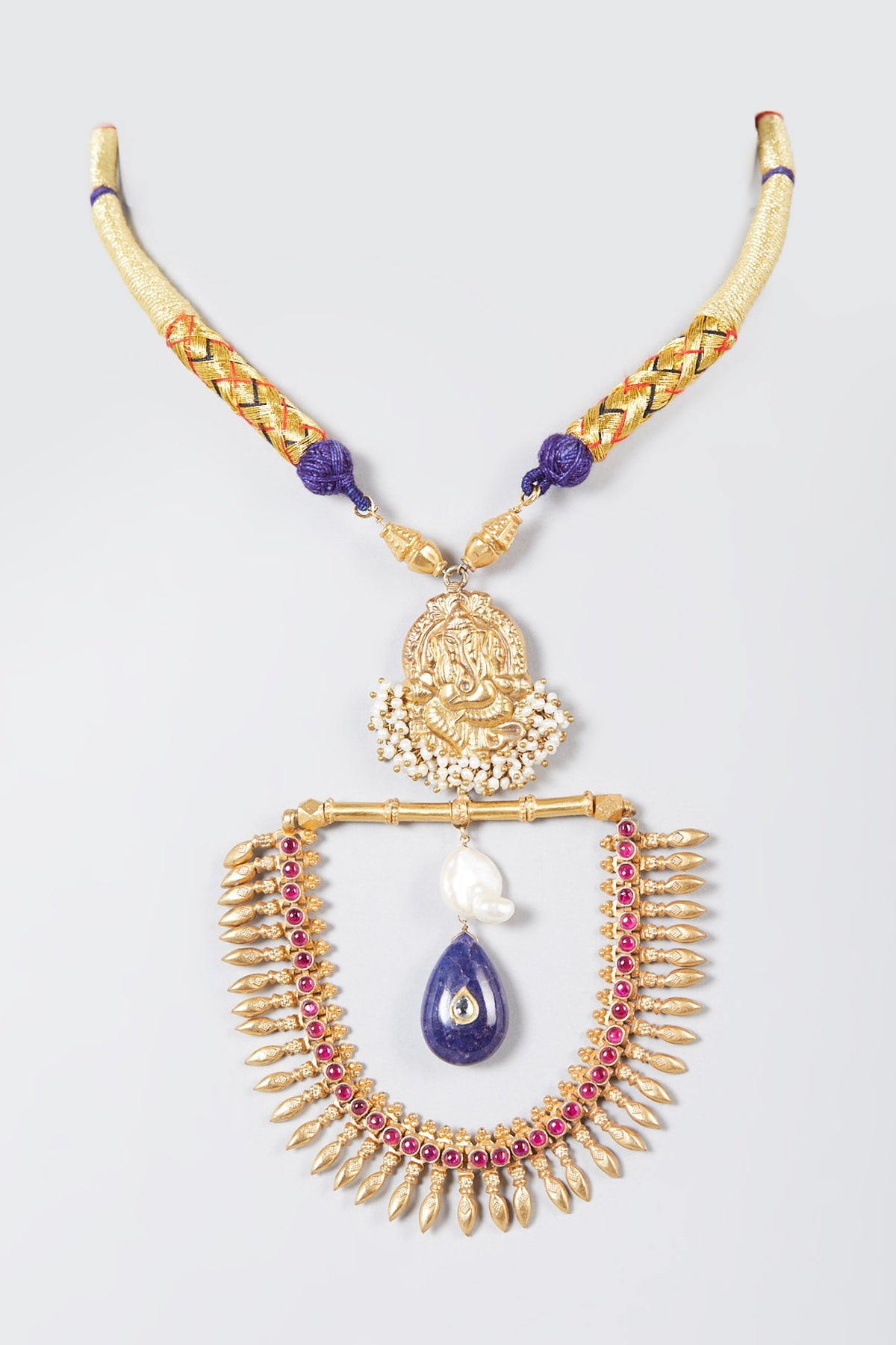 Gold Finish Multi-Colored Stone Long Ganesha Necklace In Sterling Silver
