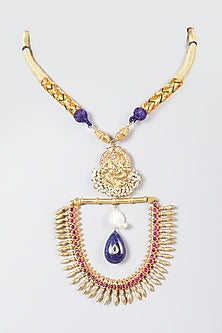 Gold Finish Multi-Colored Stone Long Ganesha Necklace In Sterling Silver