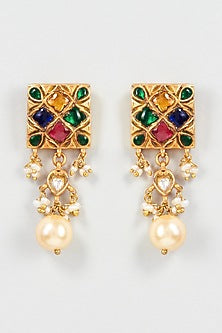 Gold Finish Navratna Stone Dangler Earrings In Sterling Silver