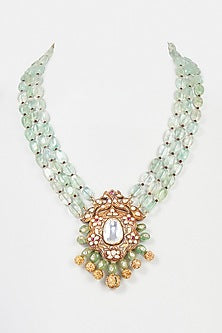 Gold Plated Kundan Polki & Fluorite Stone Long Necklace In Sterling Silver