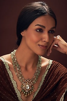 Gold Plated Kundan Polki & Fluorite Stone Long Necklace In Sterling Silver