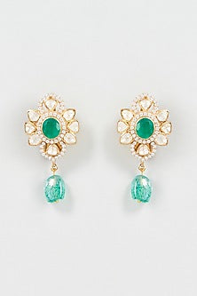 Gold Plated Cz Stone & Green Onyx Dangler Earrings In Sterling Silver