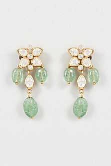Gold Finish Mozonite & Fluorite Stone Dangle Earrings In Sterling Silver