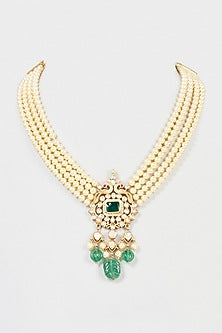 Gold Plated Mozonite & Shell Pearl Long Necklace In Sterling Silver