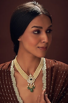 Gold Plated Mozonite & Shell Pearl Long Necklace In Sterling Silver