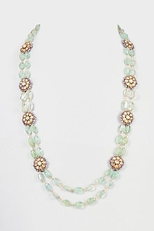 Gold Plated Mozonite Polki & Fluorite Beaded Mala In Sterling Silver