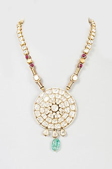 Gold Plated Mozonite Polki & Red Spinel Long Necklace In Sterling Silver