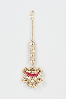 Gold Finish Kundan Polki & Pearl Maang Tikka In Sterling Silver