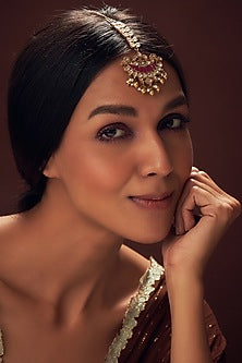 Gold Finish Kundan Polki & Pearl Maang Tikka In Sterling Silver