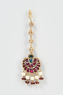 Gold Plated Red Spinel & Freshwater Pearl Maang Tikka In Sterling Silver