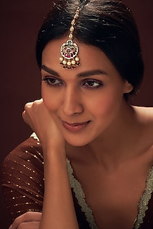 Gold Plated Red Spinel & Freshwater Pearl Maang Tikka In Sterling Silver