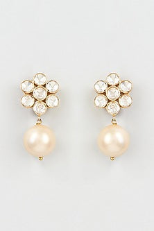 Gold Finish Mozonite Polki & Pearl Hanging Dangler Earrings In Sterling Silver