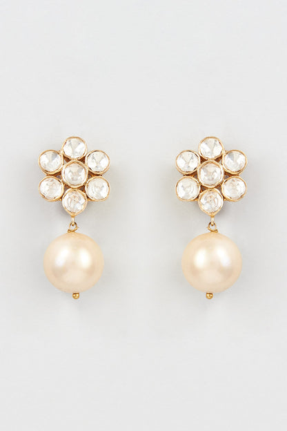 Gold Finish Mozonite Polki & Pearl Hanging Dangler Earrings In Sterling Silver