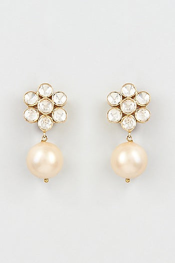 Gold Finish Mozonite Polki & Pearl Hanging Dangler Earrings In Sterling Silver