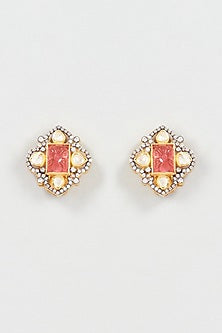 Gold Plated Mozonite Polki & Carved Tourmaline Stud Earrings In Sterling Silver