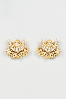Gold Finish Kundan Polki & Bead Hanging Stud Earrings In Sterling Silver