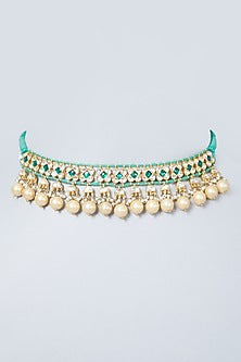 Gold Finish Kundan Polki & Emerald Choker Necklace In Sterling Silver