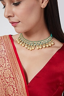 Gold Finish Kundan Polki & Emerald Choker Necklace In Sterling Silver