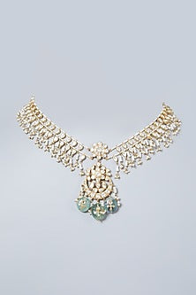 Gold Finish Moissanite Polki & Diamond Long Necklace In Sterling Silver
