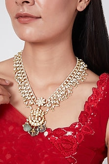 Gold Finish Moissanite Polki & Diamond Long Necklace In Sterling Silver