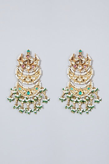 Gold Finish Emerald & Pearl Chandbali Earrings In Sterling Silver