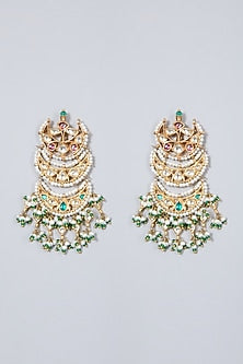 Gold Finish Emerald & Pearl Chandbali Earrings In Sterling Silver