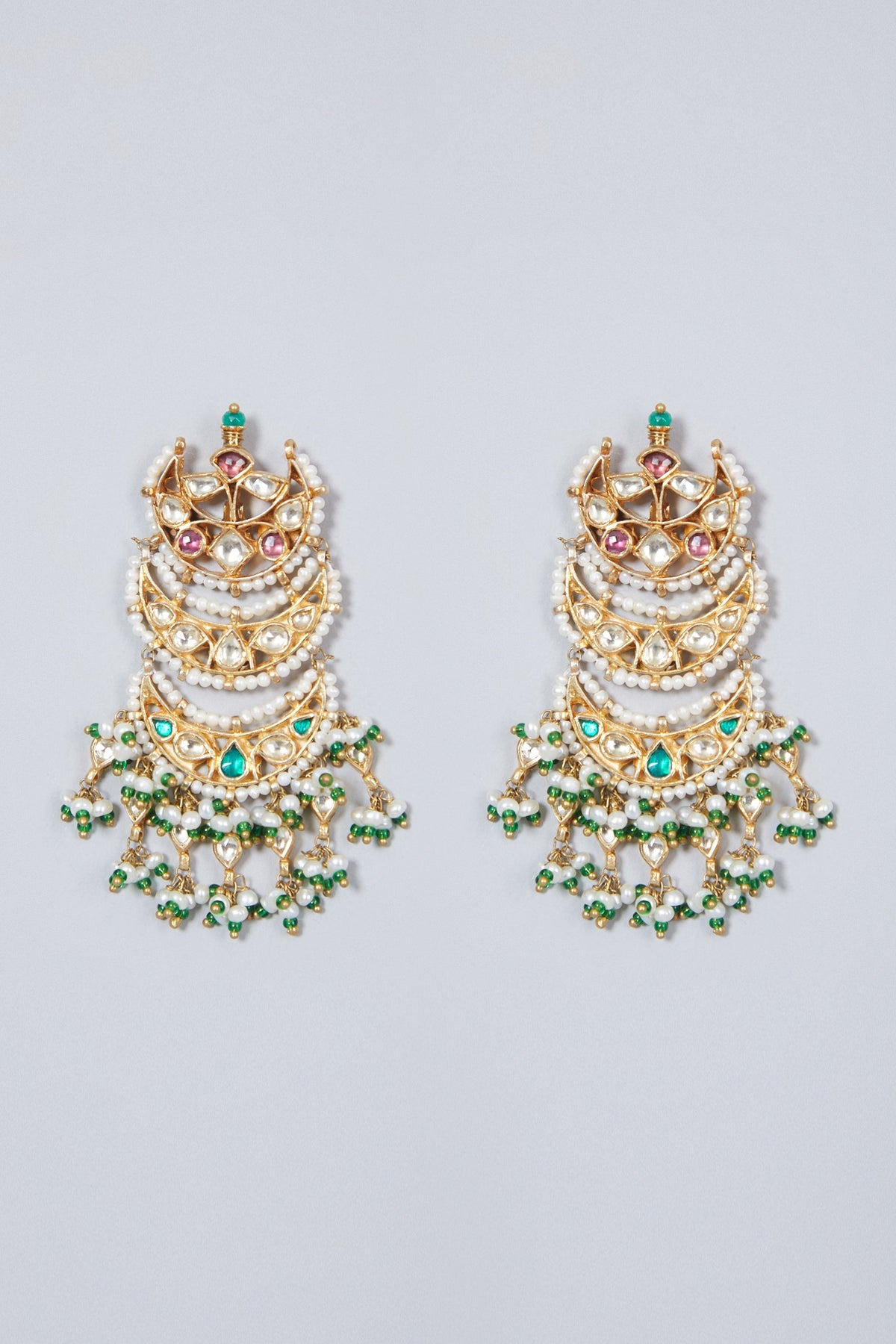 Gold Finish Emerald & Pearl Chandbali Earrings In Sterling Silver