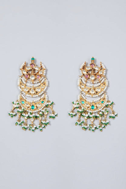 Gold Finish Emerald & Pearl Chandbali Earrings In Sterling Silver