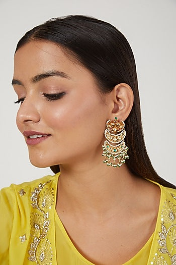 Gold Finish Emerald & Pearl Chandbali Earrings In Sterling Silver