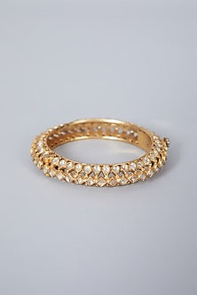 Gold Finish Kundan Polki Bangle In Sterling Silver