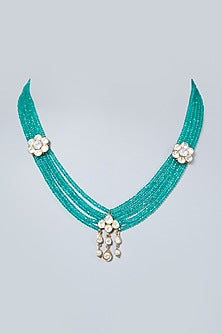 Gold Finish Green Quartz Beaded Long Necklace In Sterling Silver