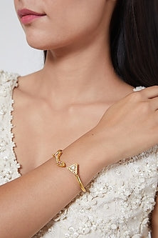 Gold Finish Kundan Polki Cuff In Sterling Silver