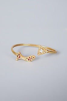 Gold Finish Kundan Polki Cuff In Sterling Silver