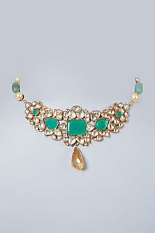 Gold Finish Kundan Polki & Jade Choker Necklace In Sterling Silver