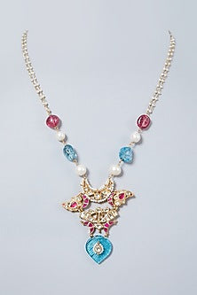 Gold Finish Tourmaline & Turquoise Long Necklace In Sterling Silver