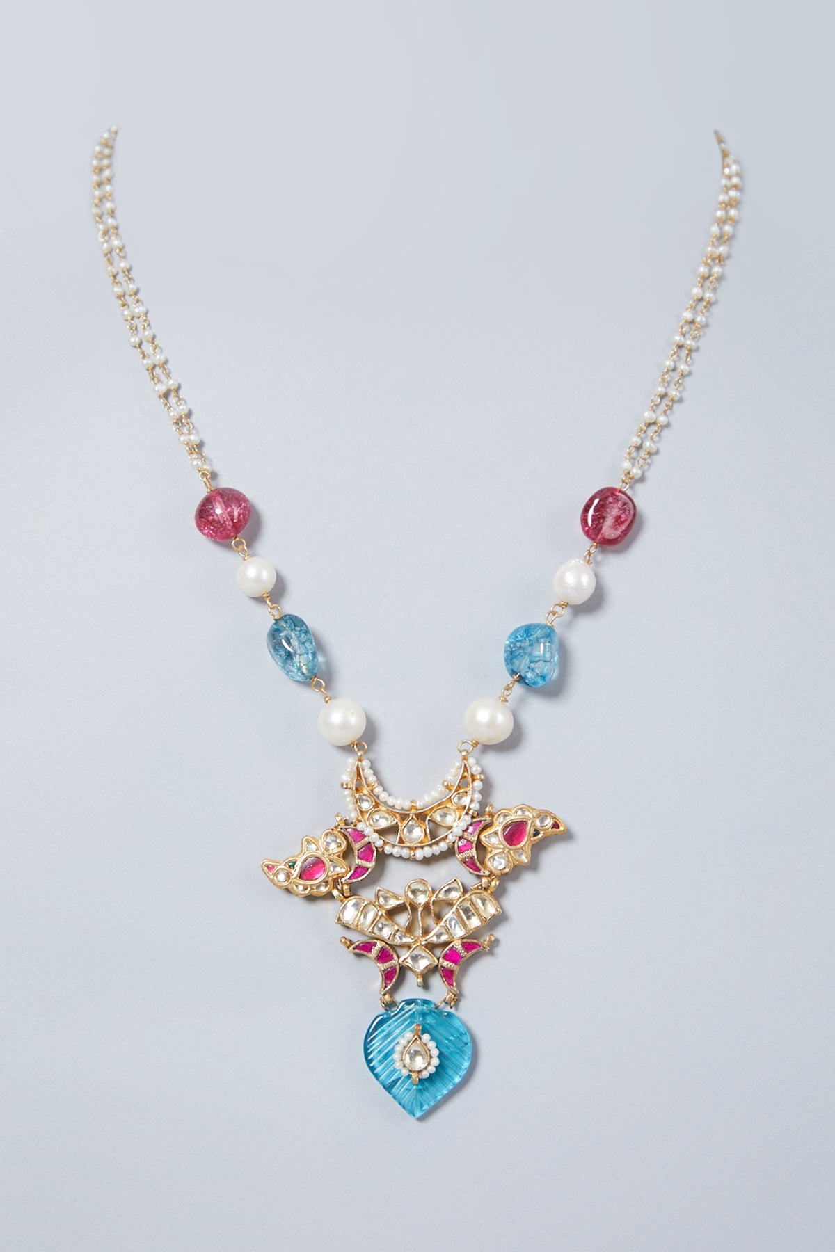 Gold Finish Tourmaline & Turquoise Long Necklace In Sterling Silver