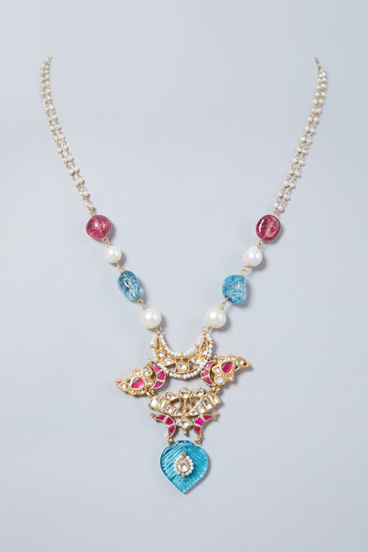 Gold Finish Tourmaline & Turquoise Long Necklace In Sterling Silver