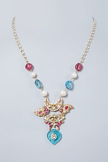Gold Finish Tourmaline & Turquoise Long Necklace In Sterling Silver