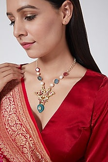 Gold Finish Tourmaline & Turquoise Long Necklace In Sterling Silver