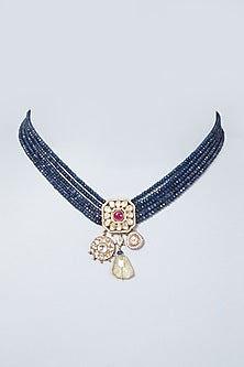 Gold Finish Beads & Pearl Choker Necklace In Sterling Silver