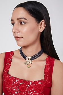 Gold Finish Beads & Pearl Choker Necklace In Sterling Silver