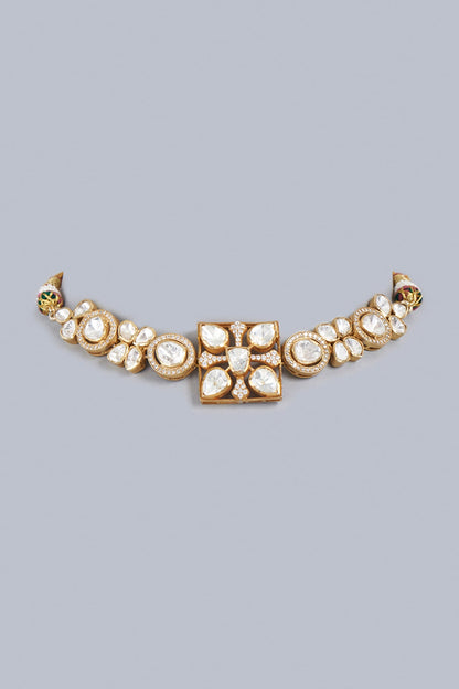 Gold Finish Moissanite Diamond Indo-Western Choker Necklace In Sterling Silver